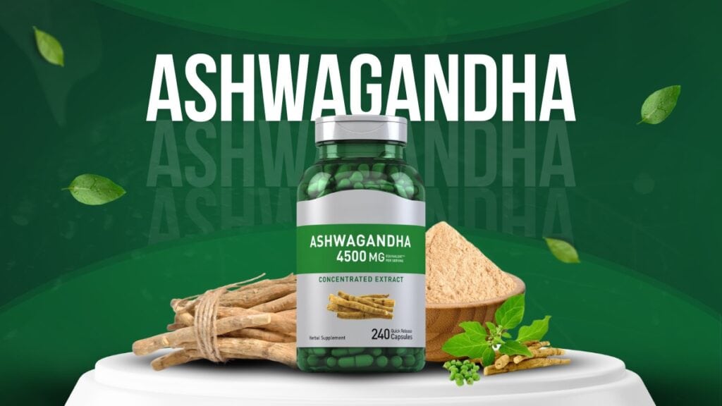 Bottle of Ashwagandha supplement displayed