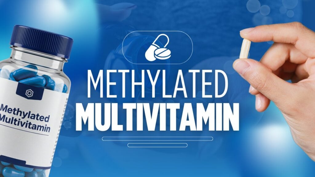 a hand holding a multivitamin next to a bottle of vitamins on a blue background