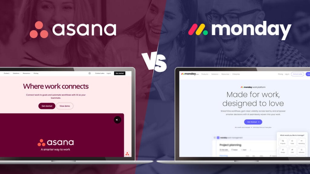 Simple visual comparison of Asana vs. Monday.com project management tools for 2025