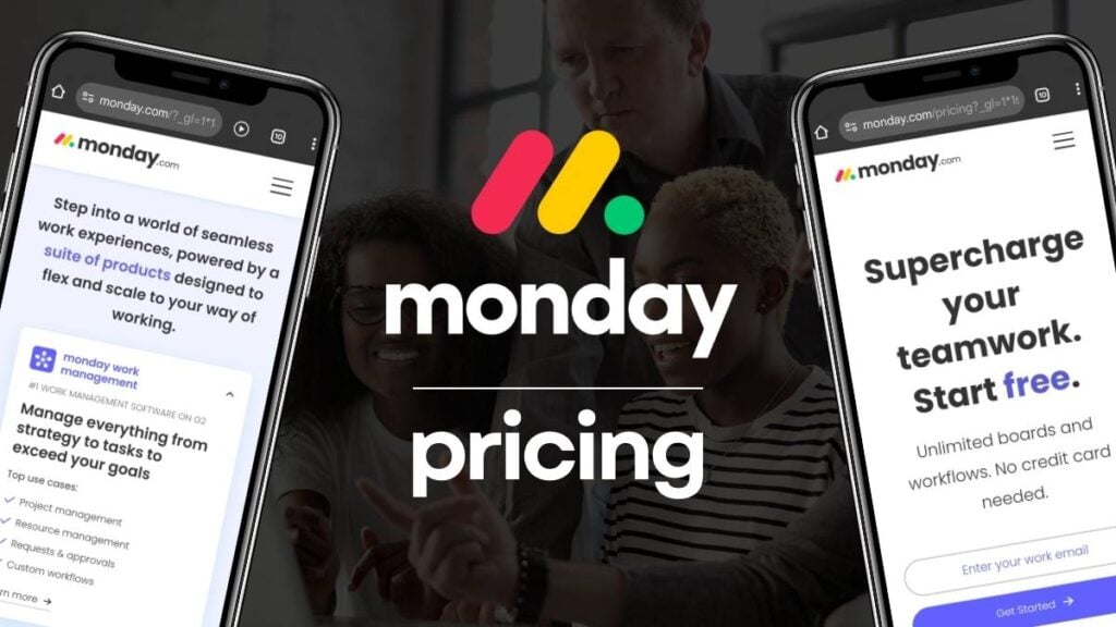 Monday.com pricing explained overview: Monday.com pricing banner featuring two smartphone screens showing the platform's work management tools and free trial offer, with a diverse team collaborating in the background
