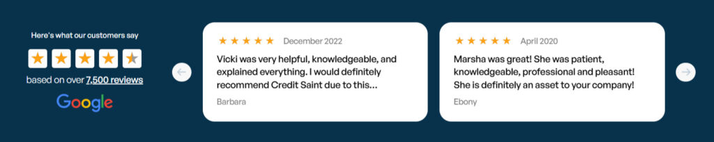 Positive customer reviews for Credit Saint