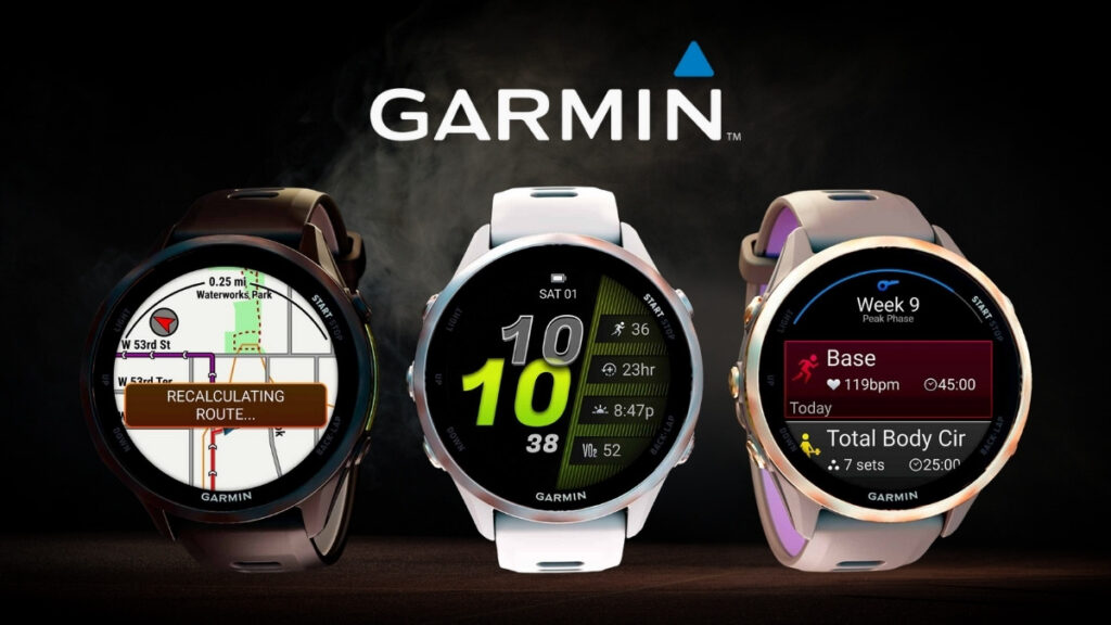 Three Garmin watches displaying features