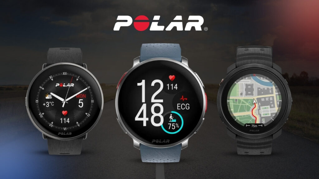 Three Polar smartwatches displaying features
