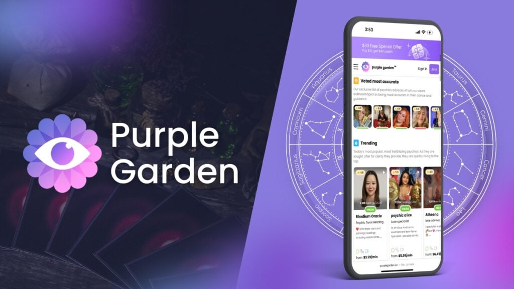 Mobile app interface with purple theme.