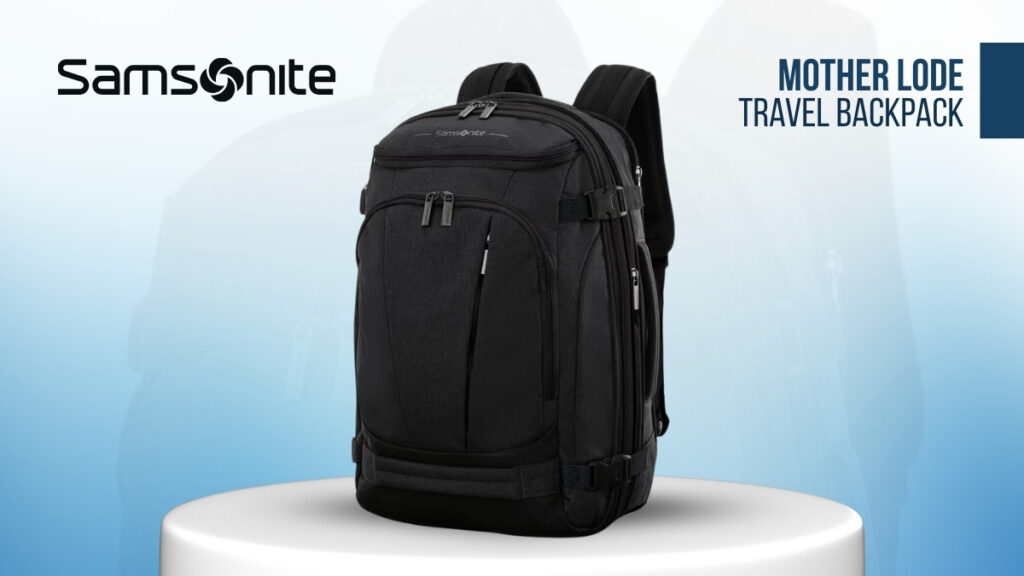 Black travel backpack with multiple compartments
