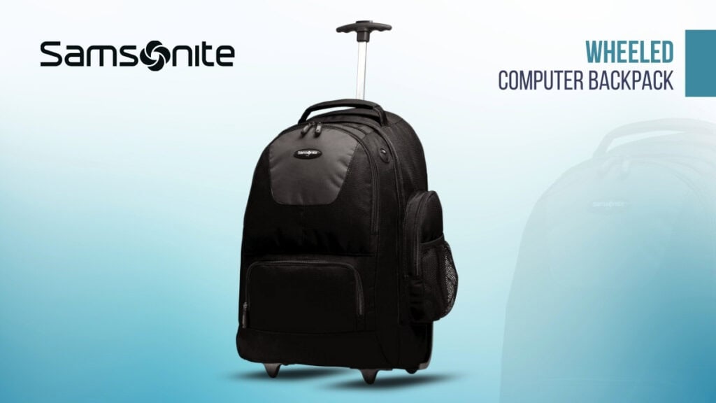 Black wheeled backpack for laptops.